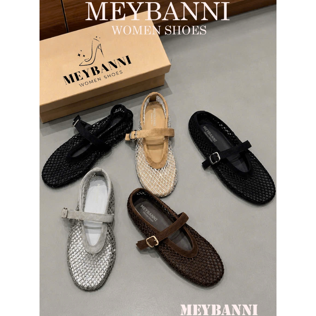 Giày Búp Bê MEYBANNI Lưới Mũi Tròn Phối Full Đá Quai Ngang Sang Chảnh  - C888