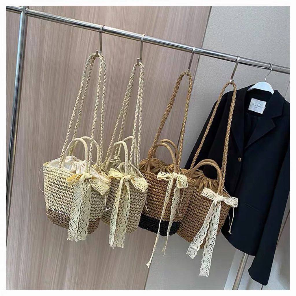 Combo Túi Mũ Cói Nơ Phong Cách Miền Đông Pháp