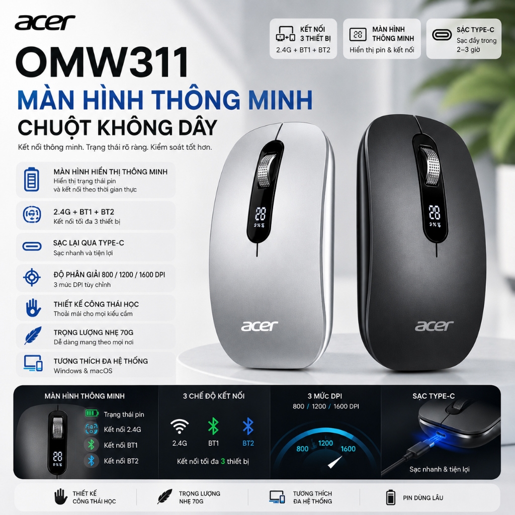 Acer OMW311 Chuột Không Dây Bluetooth + 2.4G | Sạc Type-C Màn Hình LED Hiển Thị Pin | BigBuy360 - bigbuy360.vn