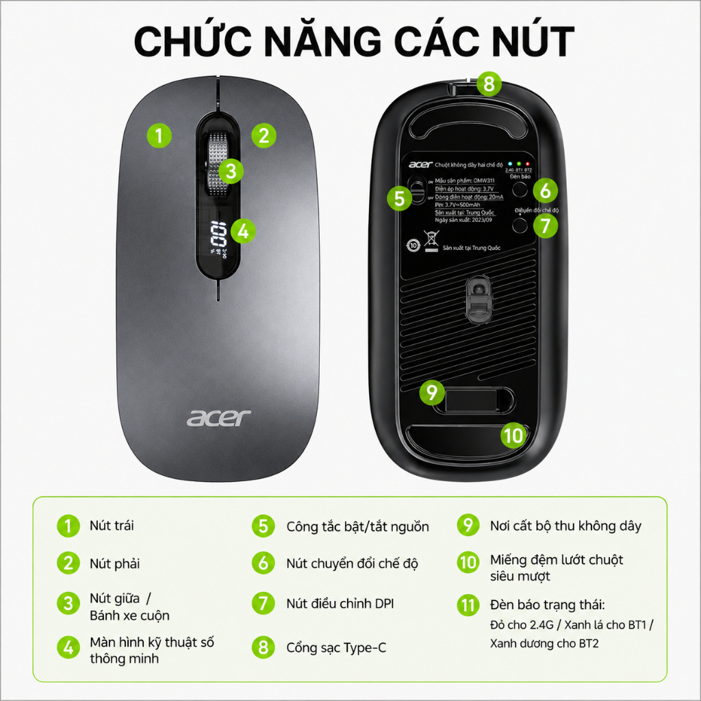 Acer OMW311 Chuột Không Dây Bluetooth + 2.4G | Sạc Type-C Màn Hình LED Hiển Thị Pin | BigBuy360 - bigbuy360.vn
