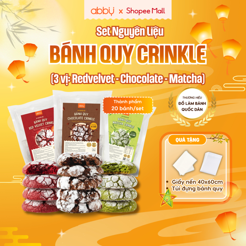 [ABBY] Set nguyên liệu làm bánh Crinkle Cookie, bánh quy phủ đường mix 5 vị- Thành phẩm 60 bánh/set