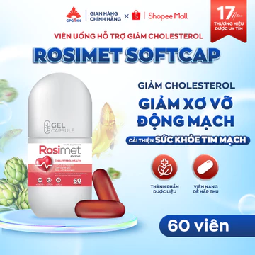Viên uống hỗ trợ giảm cholesterol Rosimet Softcap giảm đường huyết cải thiện tuần hoàn máu tim lọ 60 viên