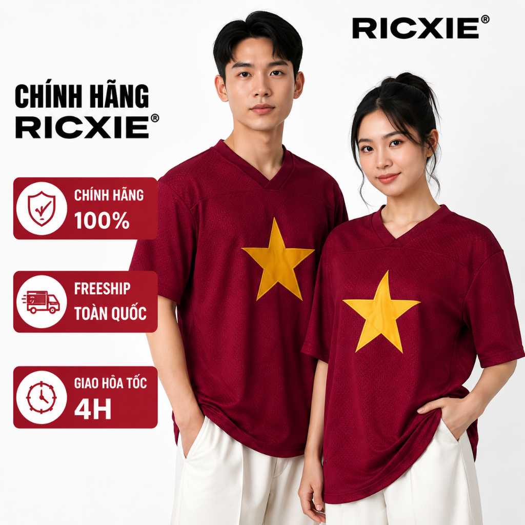 Áo Thun Lưới RICXIE Nam Nữ Đỏ Đô Thêu Sao Vàng Việt Nam Chính Hãng Thoáng Mát
