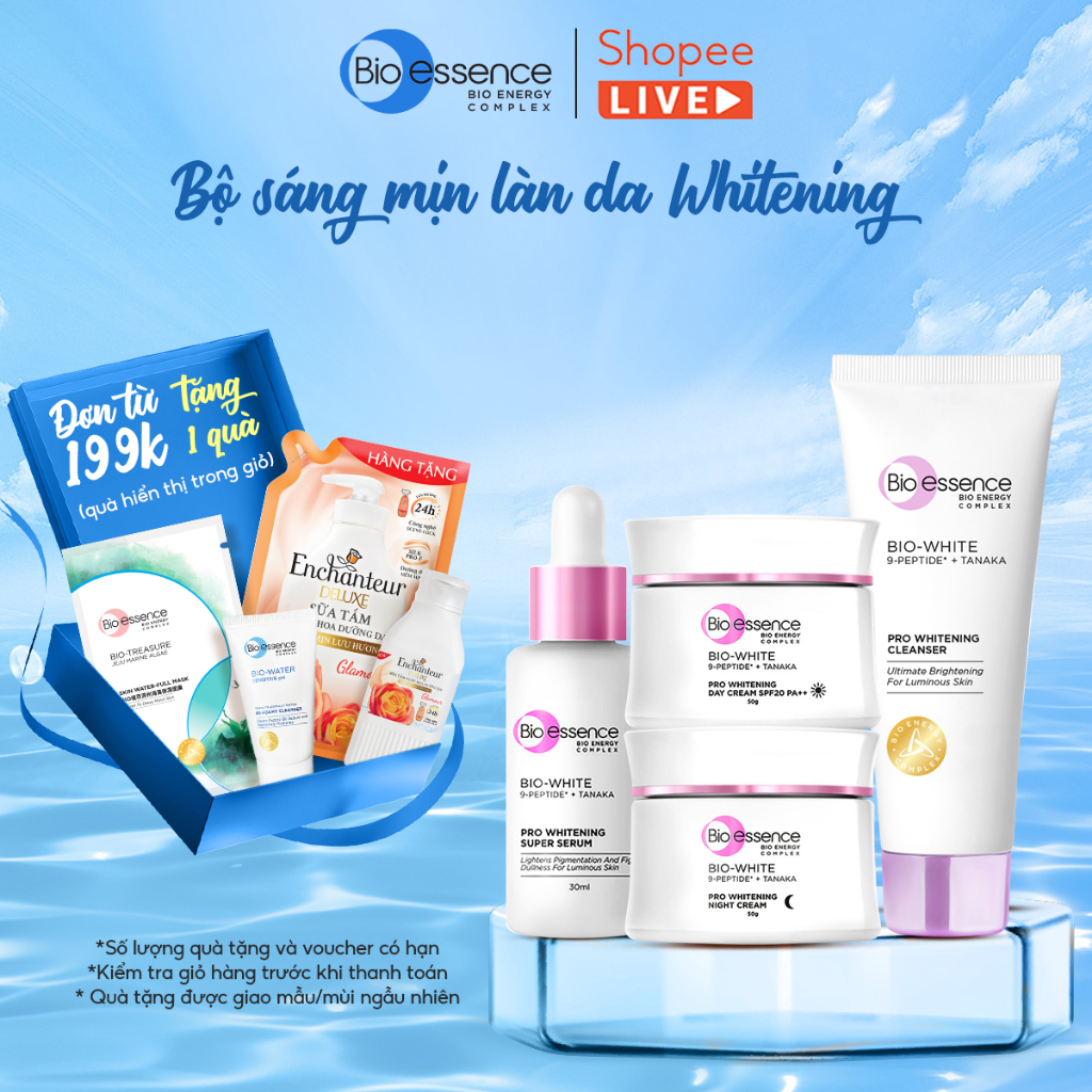 Bio-essence White - Sáng mịn Whitening: Kem ngày/ đêm 50g, Tinh chất 30ml, Sữa rửa mặt 100g, Kem chống nắng 40ml - LIVE