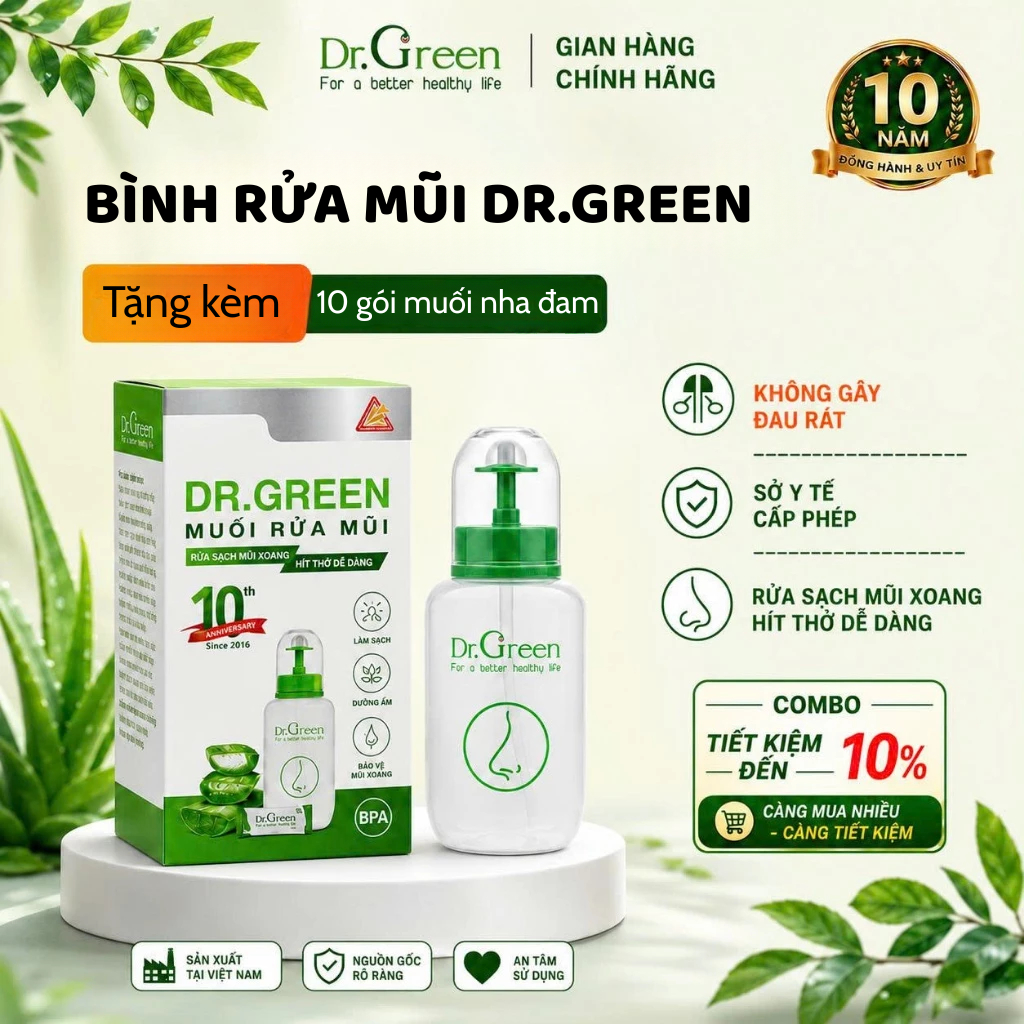 [CHÍNH HÃNG] Bình rửa mũi VAN KÉP CHỐNG SẶC 240ml DR GREEN cho người lớn và trẻ từ 1 tuổi - Kèm 10 gói muối biển nha đam