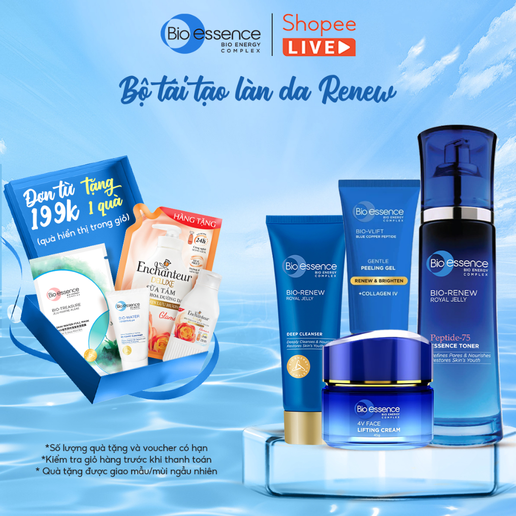 Bio-essence Renew – Tái tạo da: Gel Tẩy tế bào chết 60g, Sữa rửa mặt 100g, Kem nâng cơ 45g, Toner 100ml - LIVE