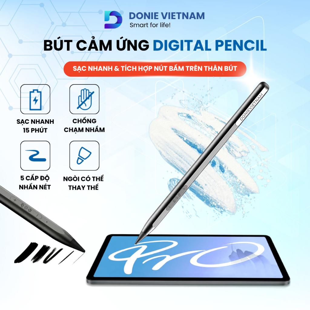 [Digital Pencil] Bút Cảm Ứng Cao Cấp Donievietnam iPad Bluetooth Tích Hợp Phím Tắt, Sạc Nhanh AP05