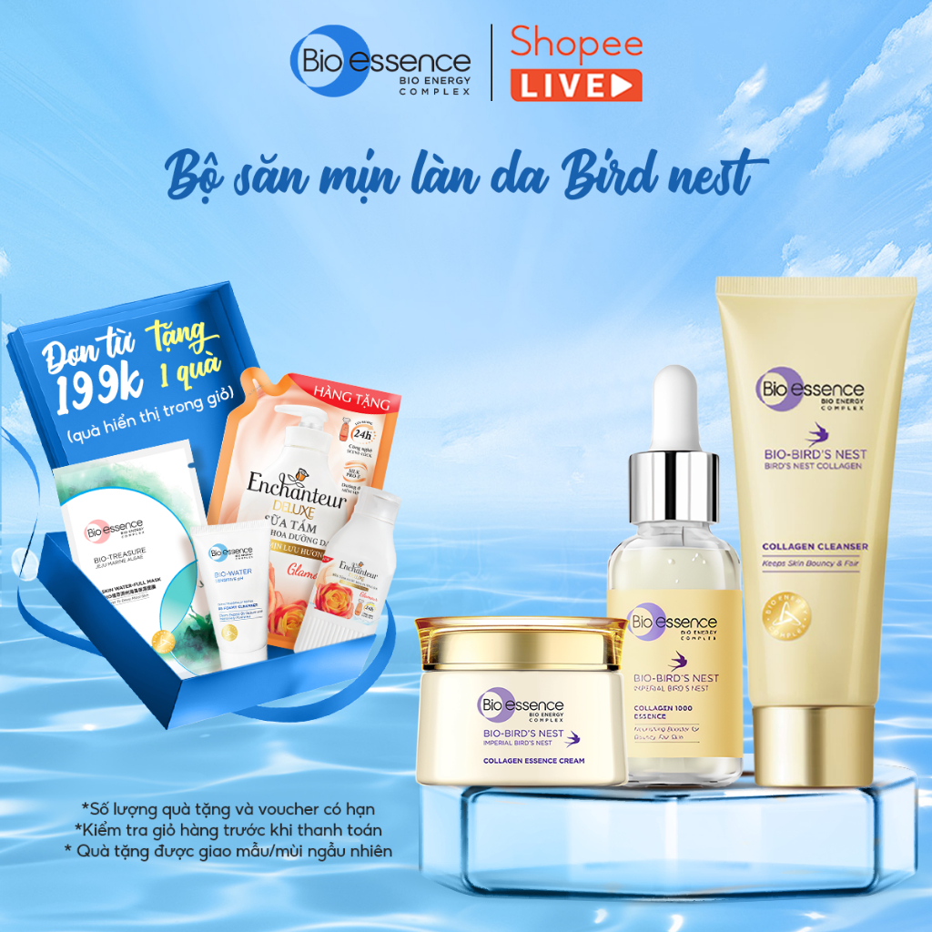 Bio-essence Bio-Bird's Nest: Sữa rửa mặt 100g, tinh chất Collagen 30ml - LIVE
