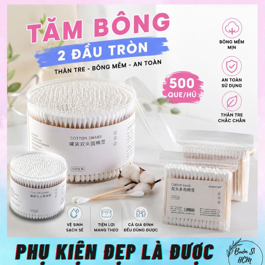 Hộp Tăm Bông Cotton 500 Que Hai Đầu  Mềm Mịn Vệ Sinh Tai Mũi Tẩy Trang Trang Điểm Chăm Sóc Cá Nhân#
