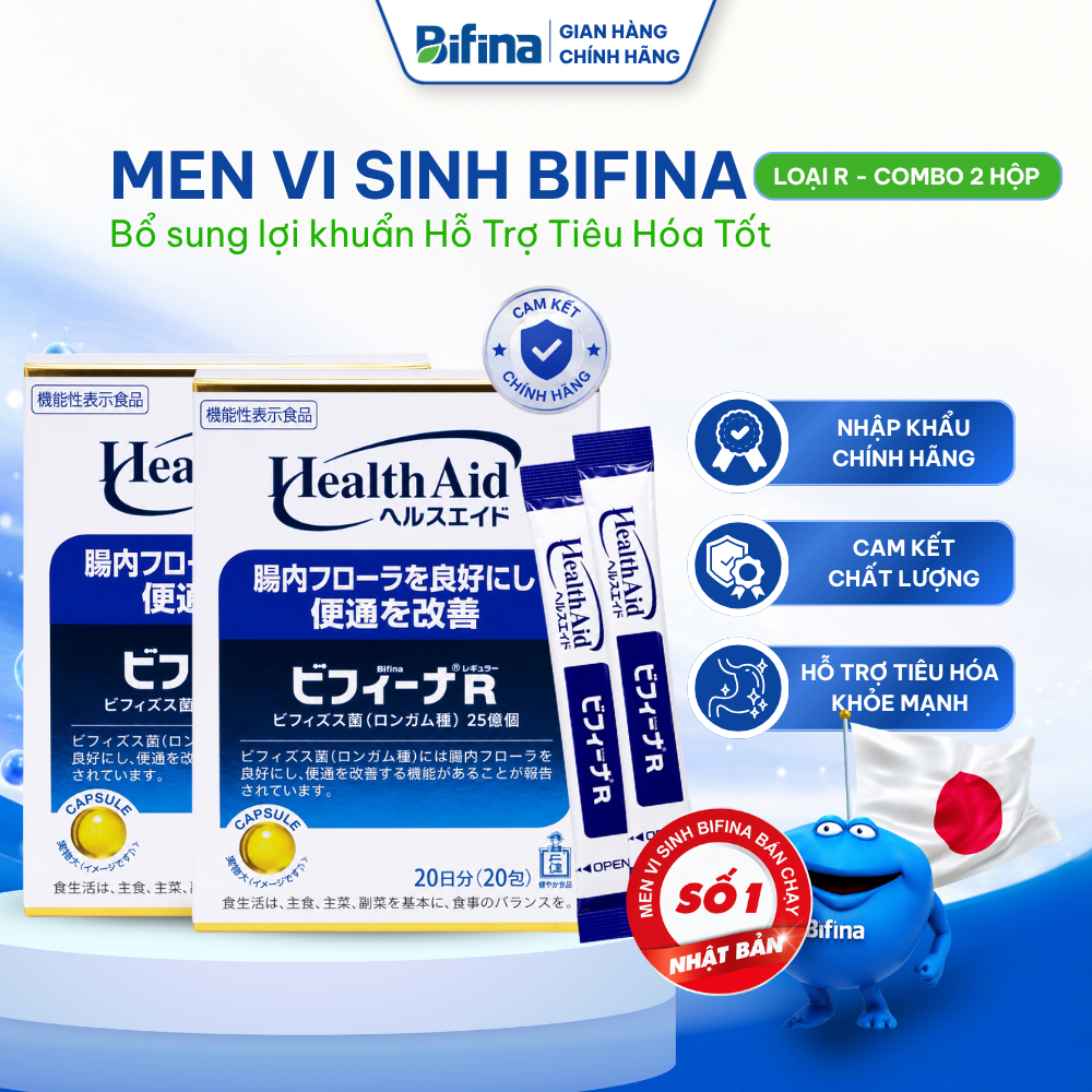 [Combo 2 hộp] Men vi sinh Bifina R Nhật Bản 20 gói, men tiêu hóa hỗ trợ tiêu hóa, giảm táo bón, tiêu chảy, đầy hơi
