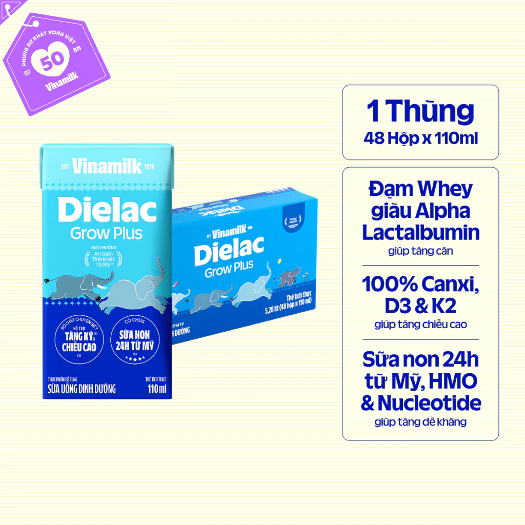 Thùng 48 hộp Sữa Non Vinamilk Dielac Grow Plus (Sữa Uống Dinh Dưỡng) 110ml|Có thể nhận Bao Bì Cũ/Mới