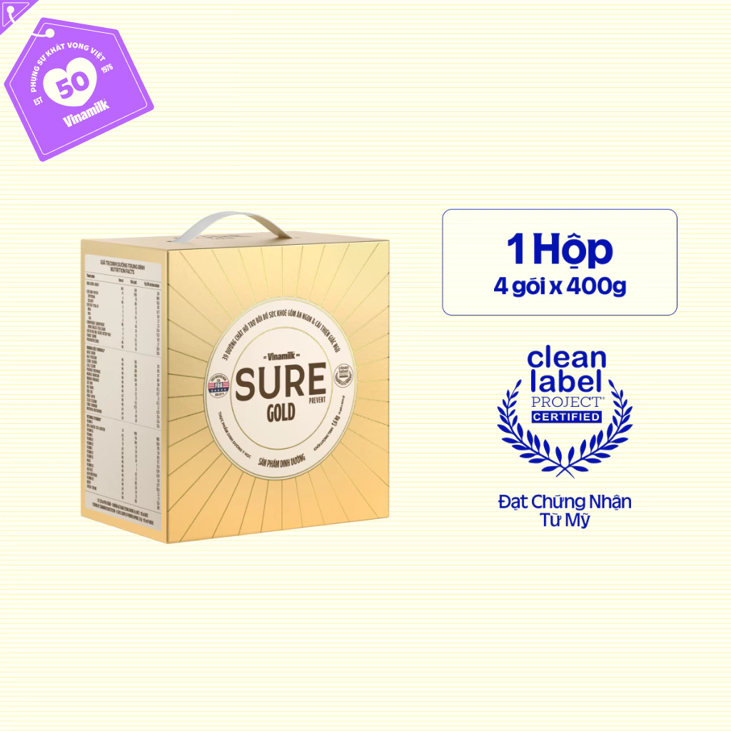 Sữa bột cho người lớn tuổi Vinamilk Sure Prevent 1600g (4 túi x 400g) – Hộp giấy