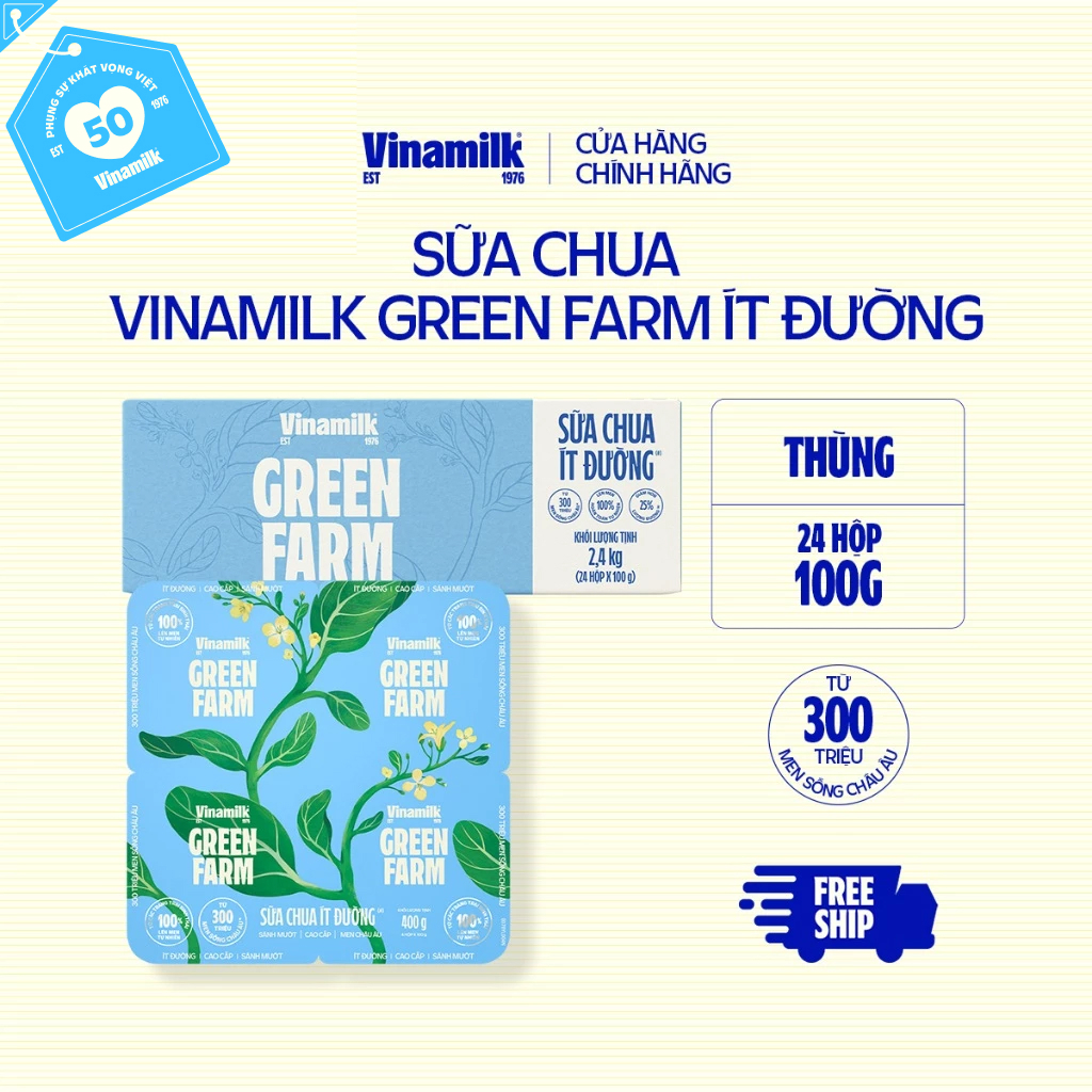 [CHỈ GIAO HCM+HN] Thùng 24 hộp Sữa chua ăn Vinamilk Green Farm Ít Đường Hộp 100g