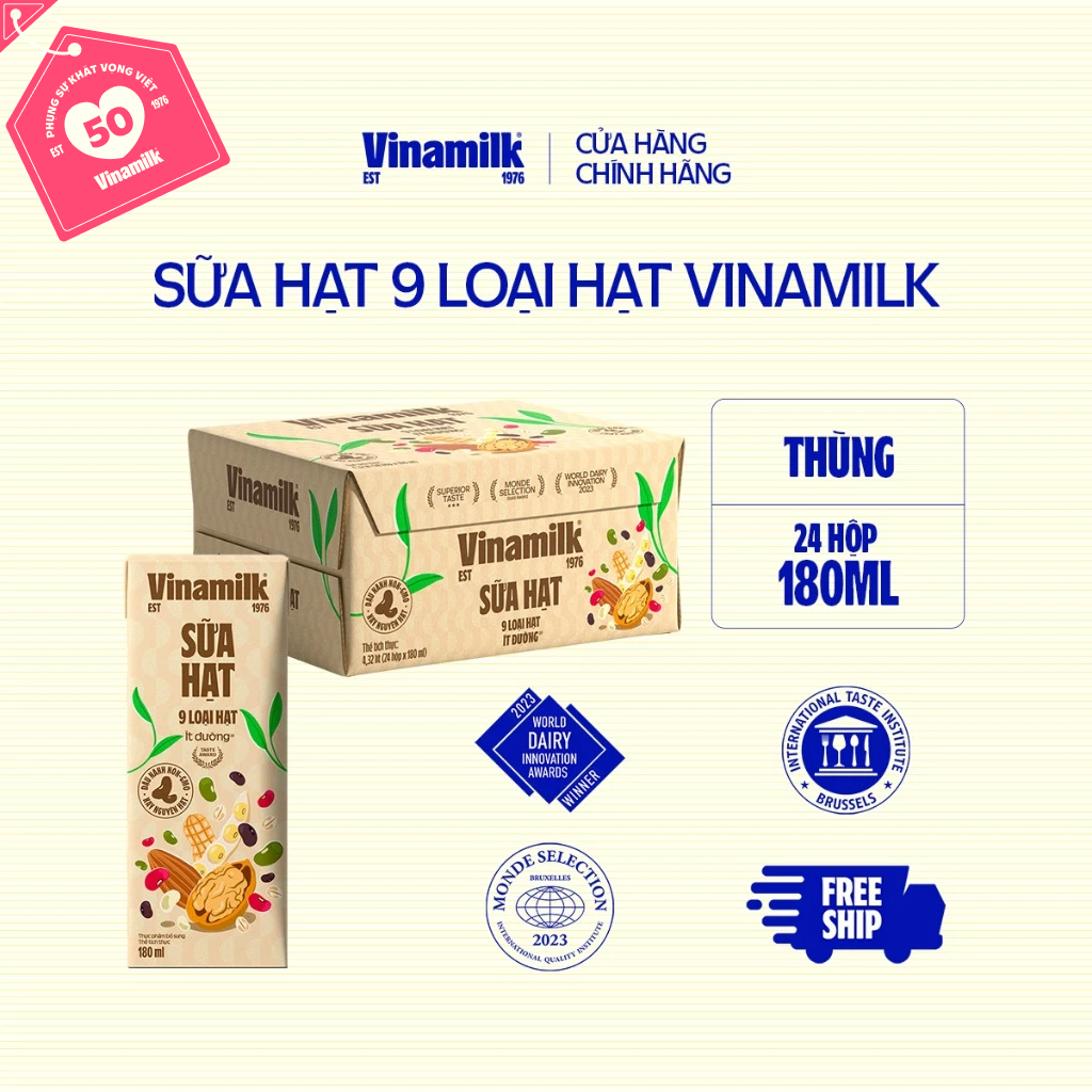 Thùng 24 hộp Sữa hạt 9 loại hạt Vinamilk ít đường - hộp 180ml