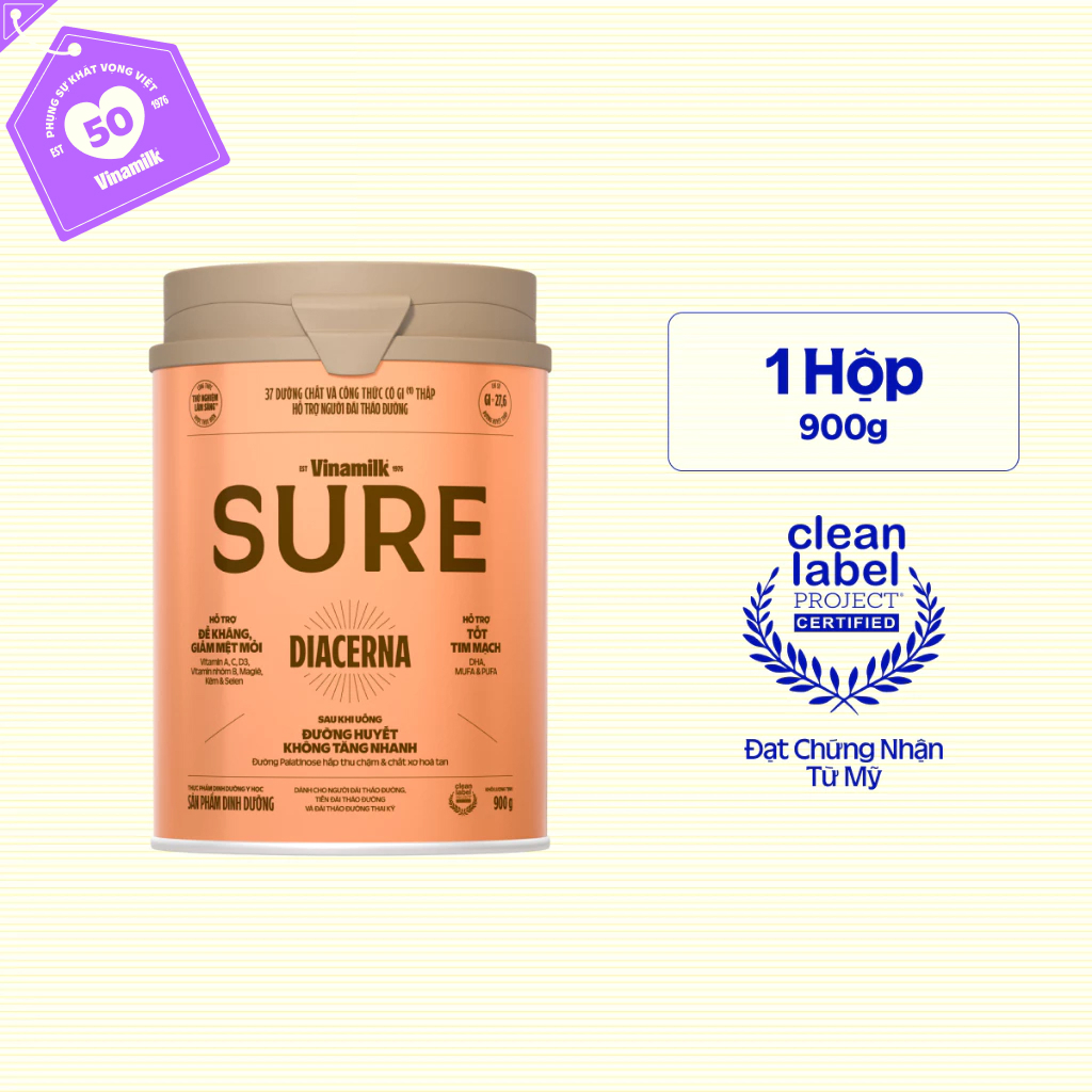 Sữa Bột Vinamilk Sure Diacerna 900g - 37 dưỡng chất với công thức có chỉ số đường huyết thấp