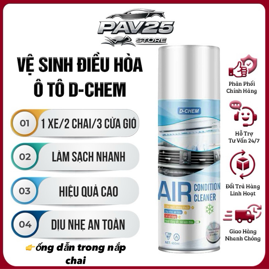Chai Vệ Sinh Điều Hoà D-chem Air Conditioner Cleaner 450ml~380g Dạng Xịt Bọt Làm Sạch, Kháng khuẩn & Kéo Dài Tuổi Thọ ĐH
