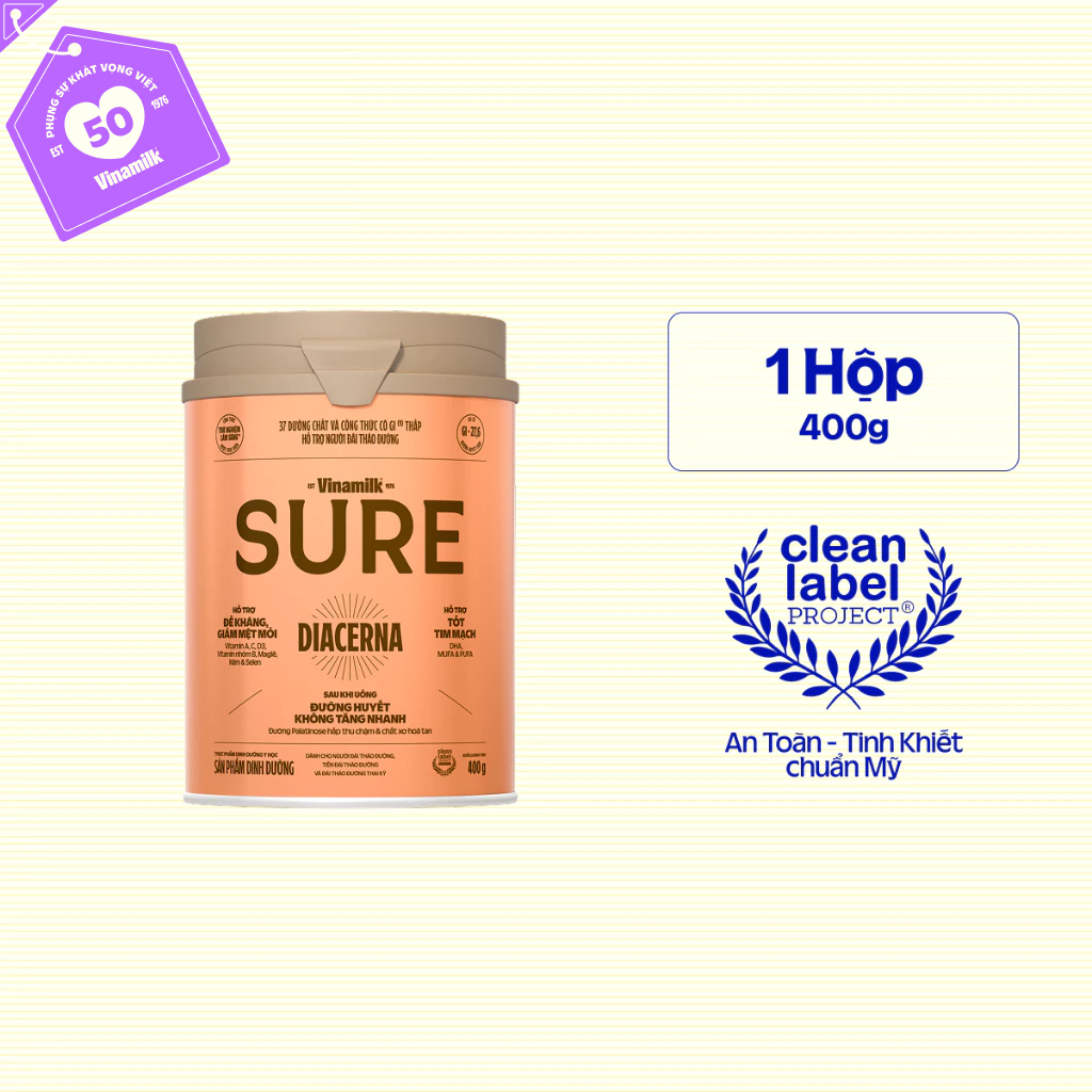 Hộp Sữa bột Dành cho người tiểu đường Vinamilk Sure Diacerna – Hộp thiếc 400g