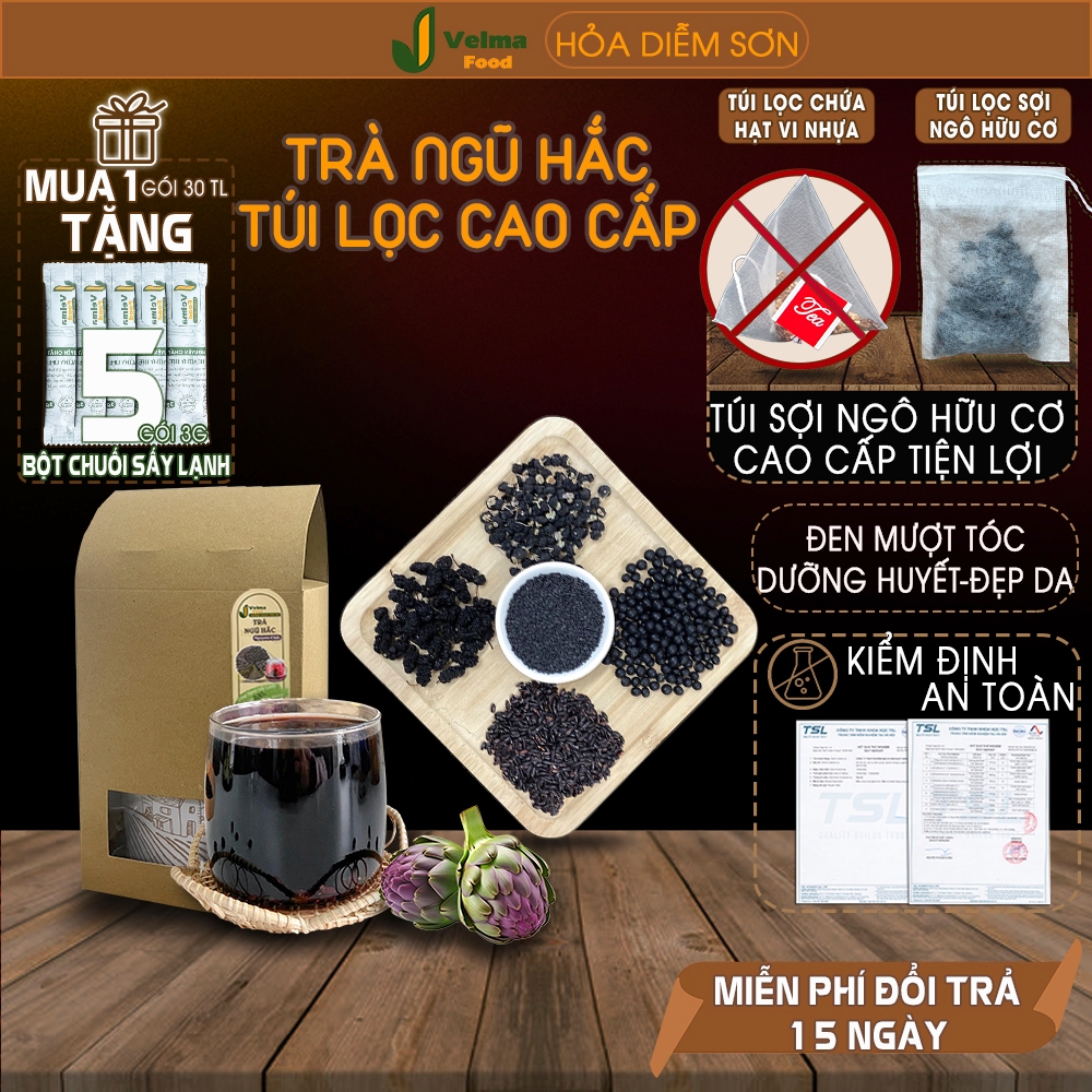 Trà ngũ hắc VELMAFOOD, trà thảo mộc túi lọc sợi ngô hữu cơ cao cấp cùng nguyên liệu kiểm định an toàn sức khỏe