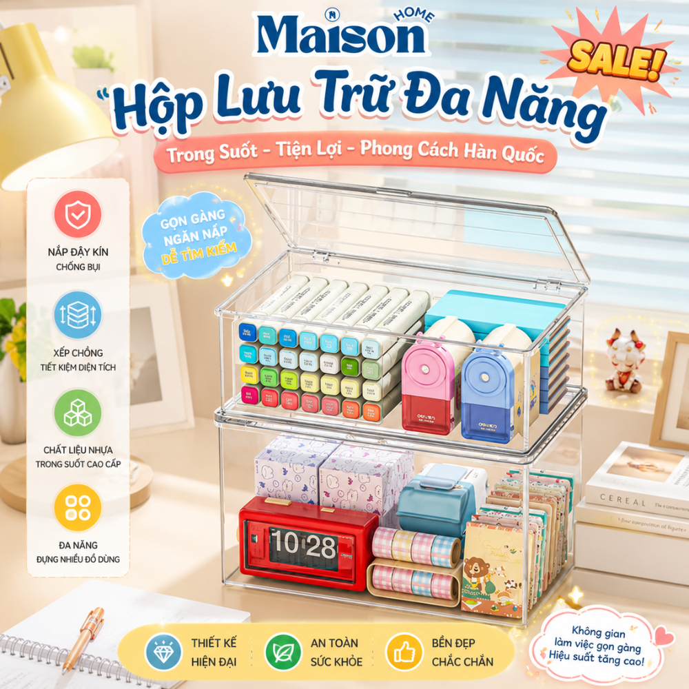 Hộp Nhựa Trong Suốt Đựng Đồ Bàn Làm Việc Có Nắp Đậy Kín, Hộp Lưu Trữ Đa Năng Xếp Chồng Tiện Lợi, Phong Cách Hàn Quốc