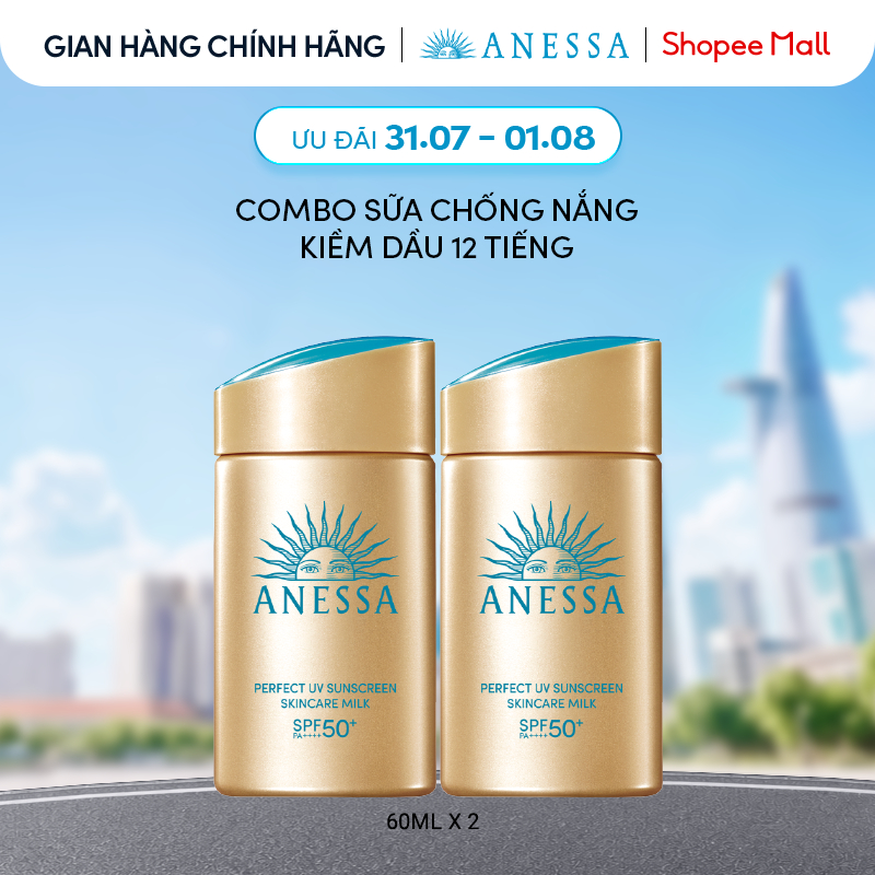 Combo 2 Sữa chống nắng dưỡng da kiềm dầu bảo vệ hoàn hảo Anessa Perfect UV Sunscreen Gold Milk 60mlx2