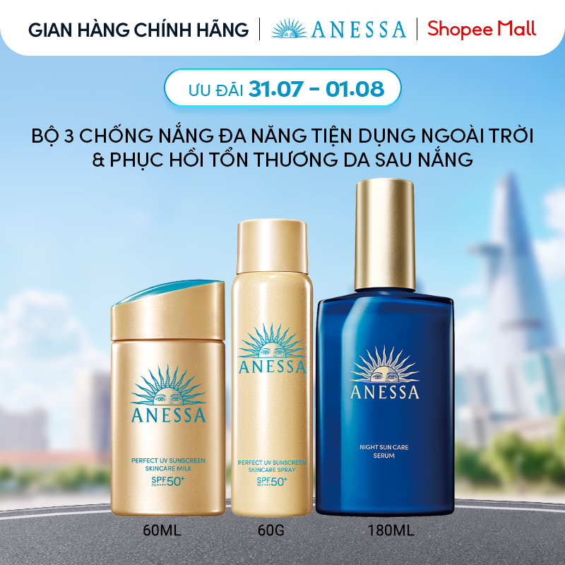 Combo chống nắng và dưỡng da toàn diện cho các hoạtđộng ngoài trời Anessa Gold Milk 60ml+Gold Spray 60g+Night Serum180ml