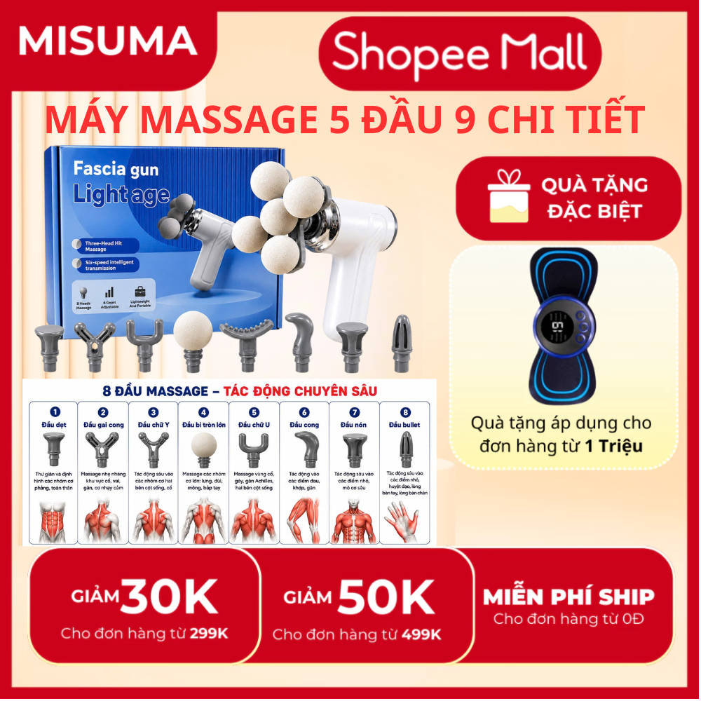 Súng massage cầm tay 5 đầu 9 chi tiết (cảm biến lực AI)
