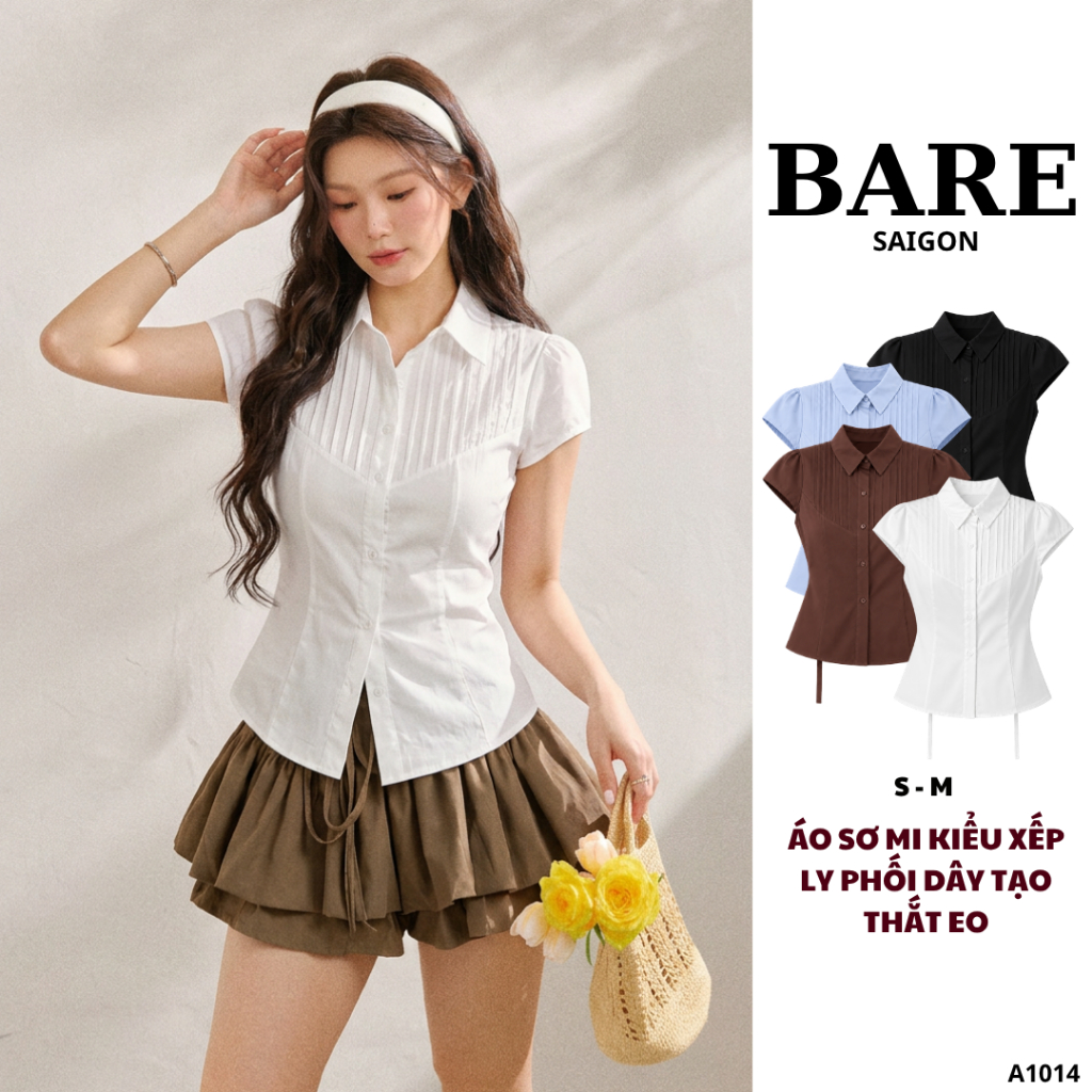 BARE_Áo Sơ Mi Nữ Tay Ngắn Ôm Eo, Áo Sơ Mi Xếp Ly Ngực Tôn Dáng Có Dây Buộc Sau, Style Tiểu Thư_A1014