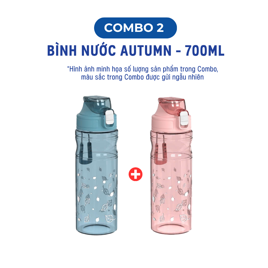[Màu ngẫu nhiên] Combo 2 Bình Nước Autumn 700ml, MATSU, có dây đeo, nút bấm mở tiện lợi, miếng đệm ngăn rò rỉ nước