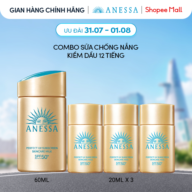 - Combo Sữa chống nắng dưỡng da kiềm dầu bảo vệ hoàn hảo Anessa Gold Milk SPF50+ PA++++ 60ml + 20mlx3