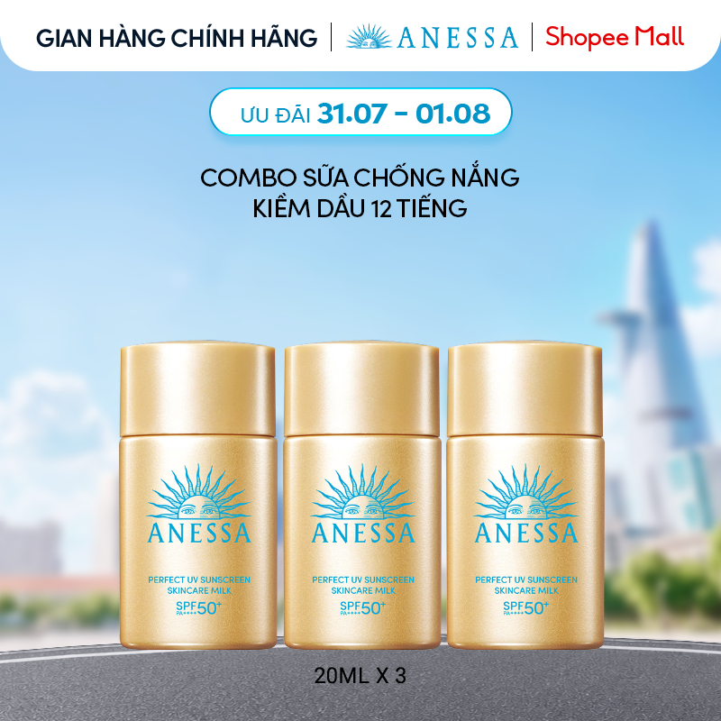- Combo 3 Sữa chống nắng dưỡng da kiềm dầu bảo vệ hoàn hảo Anessa Gold Milk SPF50+ PA++++ 20mlx3