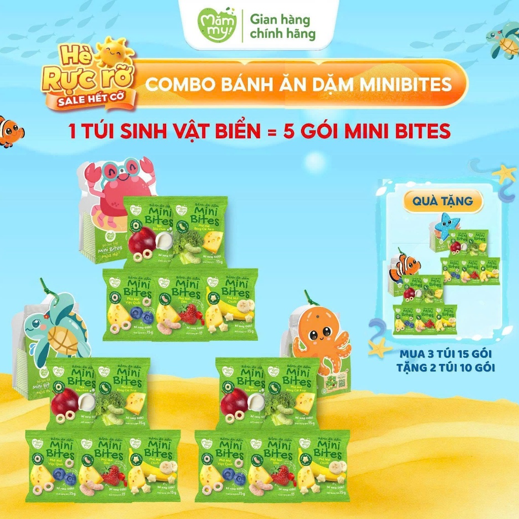 Bánh ăn dặm cho bé Mini Bites Mămmy đủ vị, bổ sung canxi hỗ trợ tập nhai cho bé từ 6 tháng, gói 15g