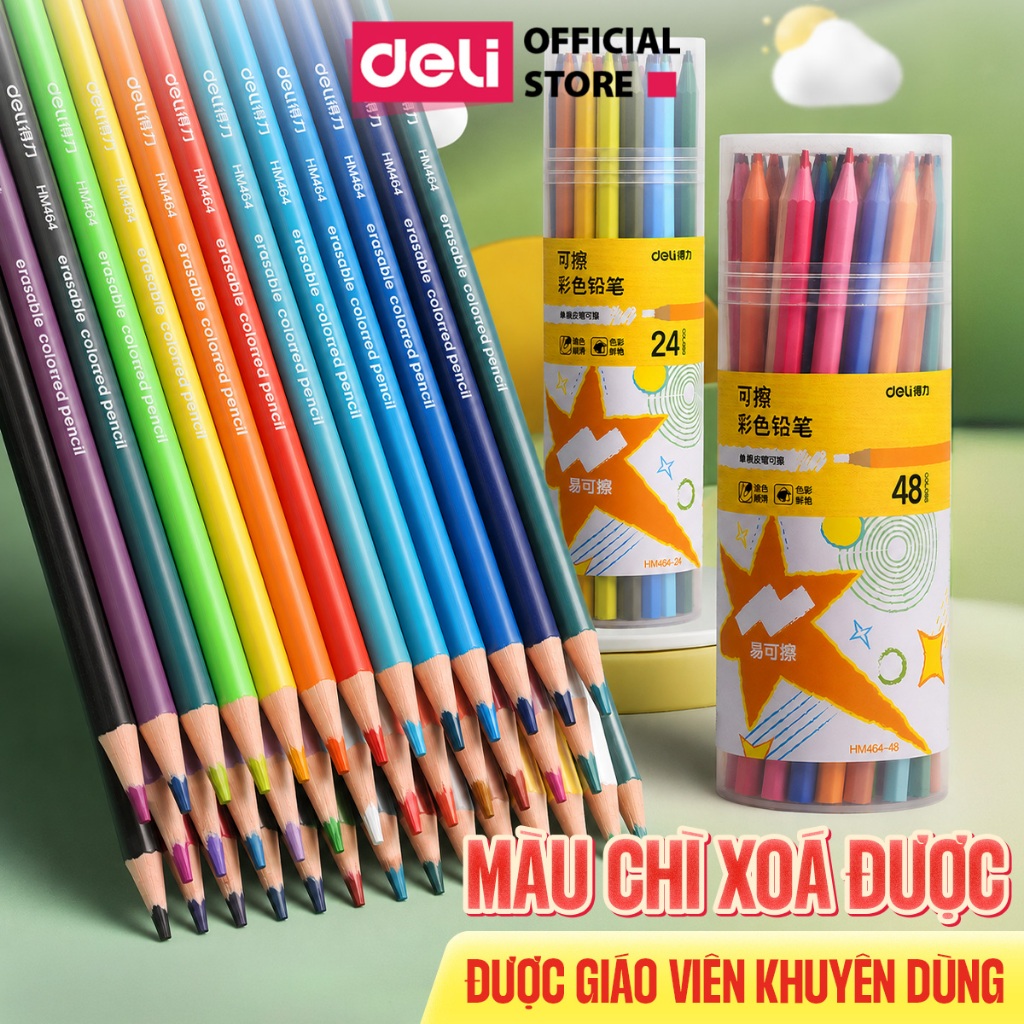 Bút Chì Màu Xóa Được Deli 24/48 Màu Chính Hãng - Chì Màu Cho Bé, Học Sinh, Ruột Chì Mềm, Tô Mượt