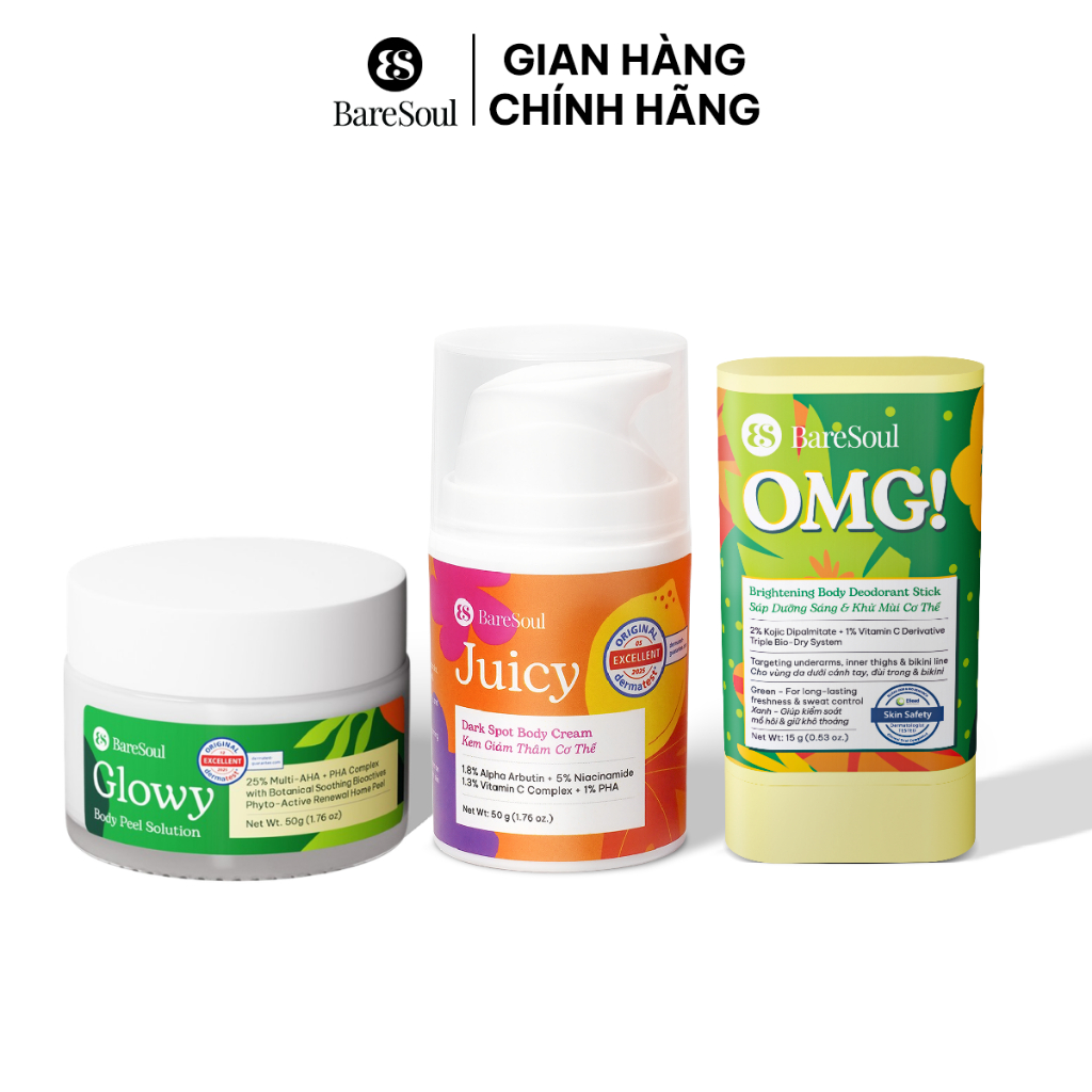COMBO Peel Glowy 50g, kem dưỡng Juicy 50g, sáp nhung OMG Xanh 15g giúp làm sáng, giảm thâm, khử mùi nách, bẹn