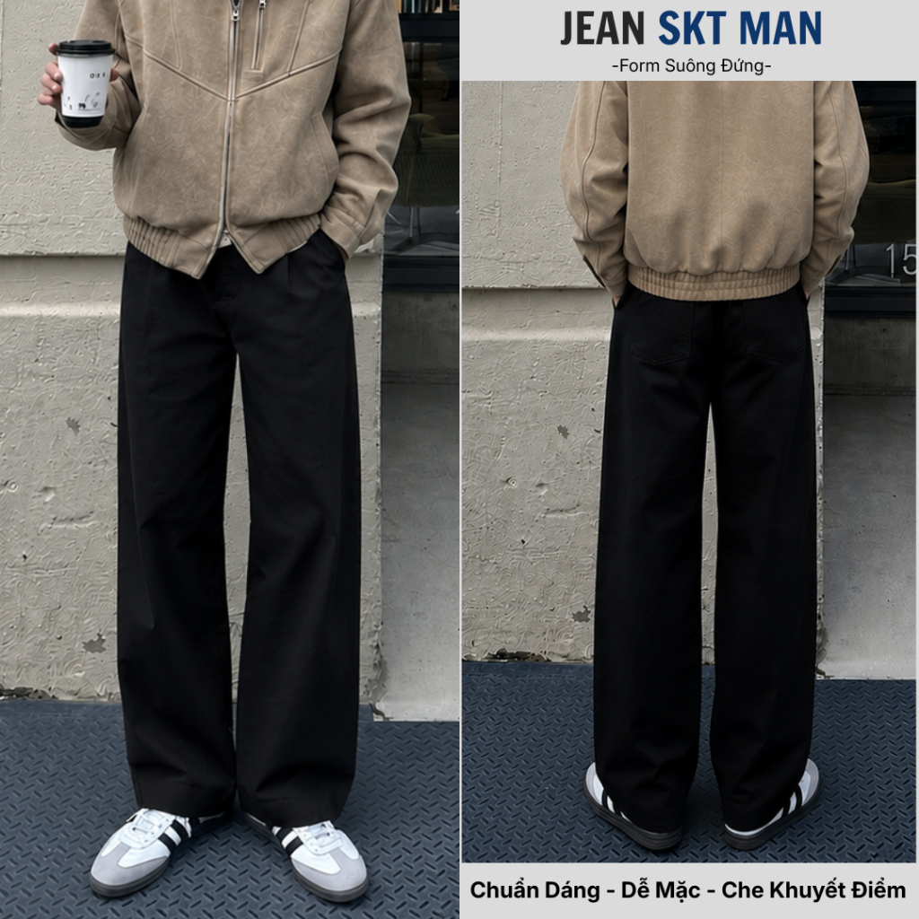 Quần Jean Nam Dáng Suông Rộng,Màu Đen Basic ,Chất Vải Demin Premium Dầy Dặn, Quần Bò Nam- JeanSKT