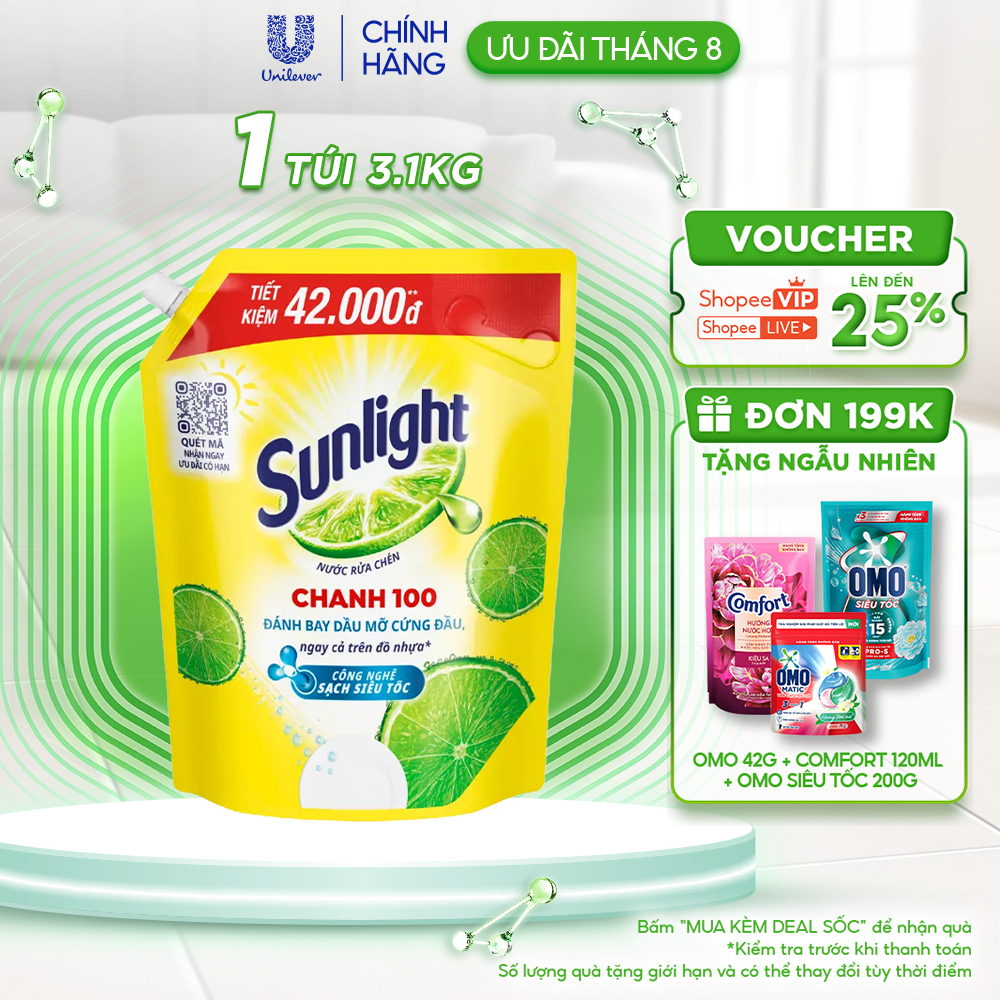 Nước Rửa Chén Bát Sunlight Chanh 100 | Sạch Dầu Mỡ Đồ Nhựa | Túi 3.5KG/3.1Kg
