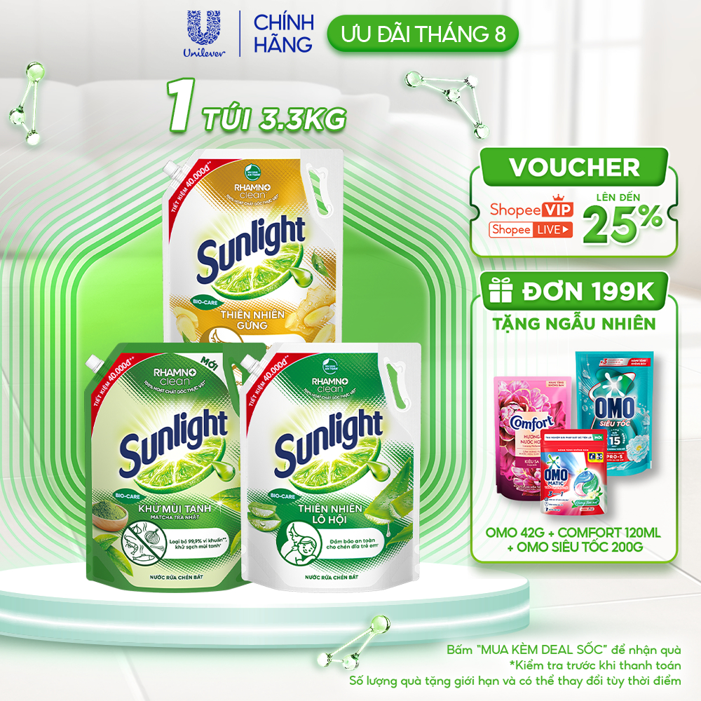 Nước rửa chén Sunlight Bio-care với thành phần từ 100% tự nhiên Túi 3.3kg