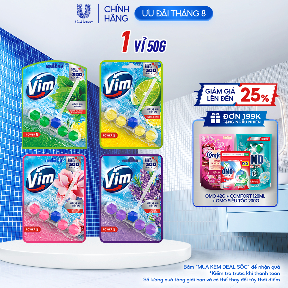 Viên Treo Vệ Sinh Bồn Cầu Vim Power 5 | Sạch Thơm Đến 300 Lần Xả (50- 55g/viên)