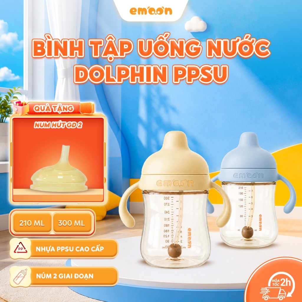 Bình Tập Uống Nước EMOON Dolphin PPSU Cho Bé 6 Tháng+ | Ống Hút Quả Tạ 360° Chống Sặc, Báo Nhiệt Đổi Màu, Chịu Nhiệt