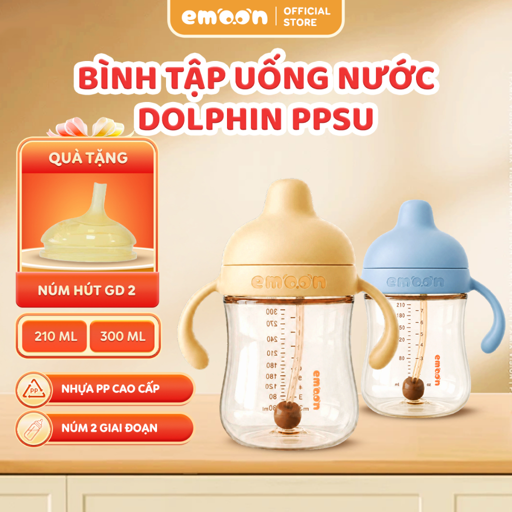 Bình Nước Cho Bé Dolphin Emoon Chất Liệu PPSU Cho Bé Từ 6 Tháng 210ML 300ML Chuẩn Y Khoa Hỗ Trợ Tập Uống