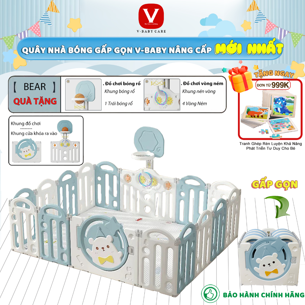 Quây Cũi Nhựa Gấp Gọn V-BABY 2026 Tặng Bóng - Thảm Hai Mặt - Giỏ Đựng Bóng, Quây Cũi An Toàn Cho Bé