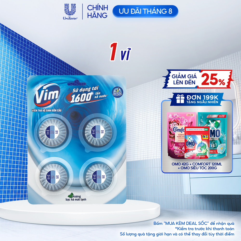 Viên Thả Vệ Sinh Bồn Cầu Vim| Sạch Khuẩn, Sáng Bóng đến 1600 Lần Xả (4x45g/vỉ)