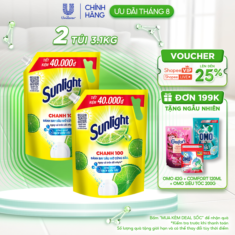 COMBO 2 Nước Rửa Chén Bát Sunlight Chanh 100 | Sạch Dầu Mỡ Đồ Nhựa | Túi 4x3.1Kg