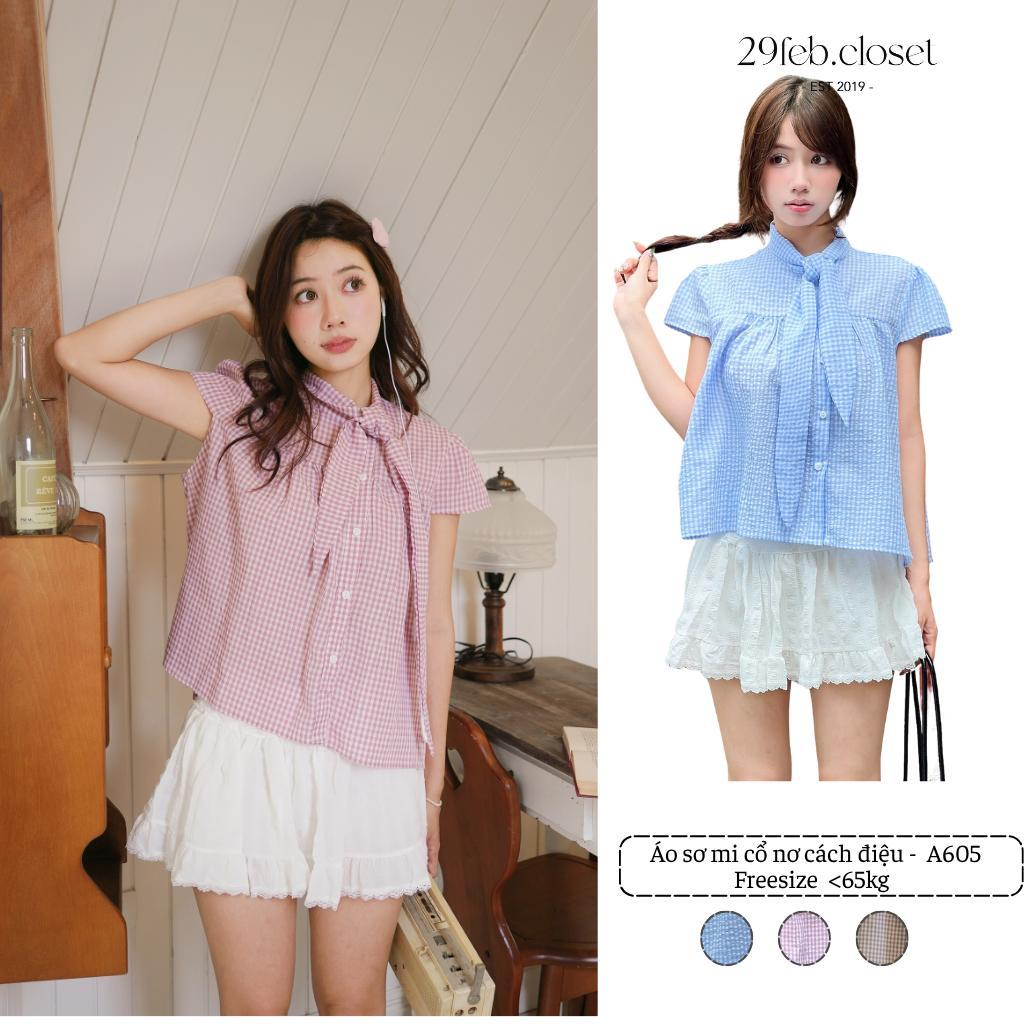 Áo sơ mi cổ nơ chất liệu thô đũi mềm, Áo sơ mi cổ nơ dành cho mùa hè - 29feb.closet – A605