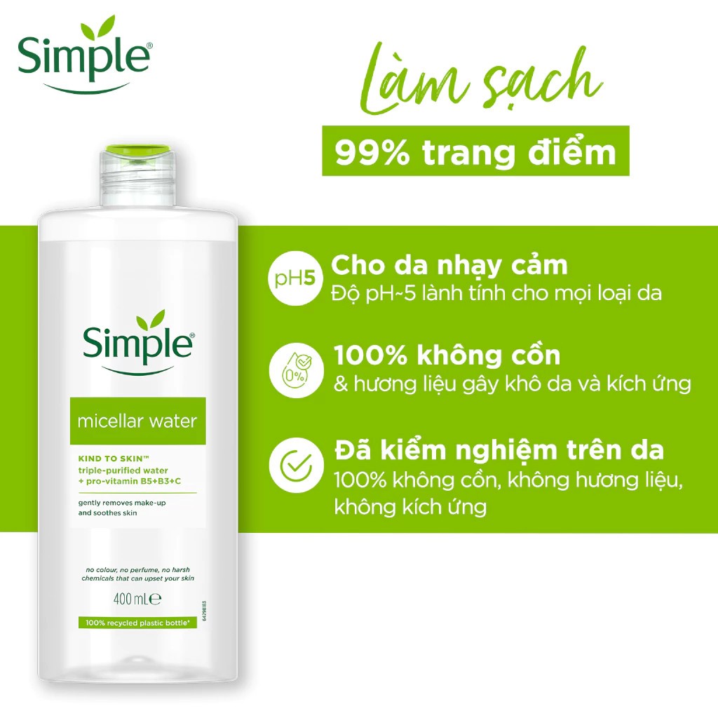 [Tem Phụ] Nước Tẩy Trang Simple MICELLAR WATER 400ml Làm Sạch Sâu Dịu Nhẹ Màu Xanh Dương, Xanh Lá Phù Hợp Da Nhạy Cảm | BigBuy360 - bigbuy360.vn