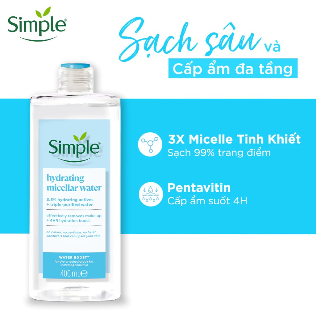 [Tem Phụ] Nước Tẩy Trang Simple MICELLAR WATER 400ml Làm Sạch Sâu Dịu Nhẹ Màu Xanh Dương, Xanh Lá Phù Hợp Da Nhạy Cảm | BigBuy360 - bigbuy360.vn