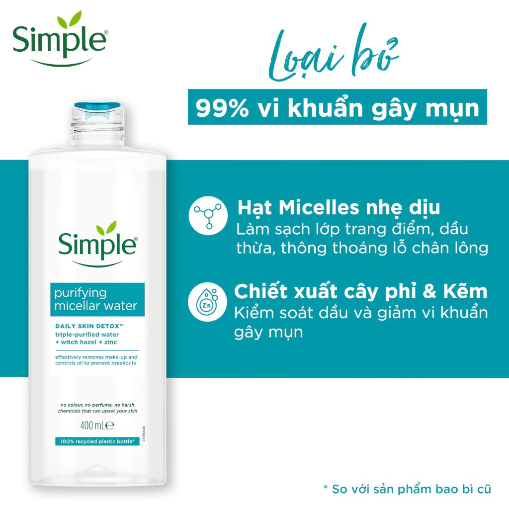 [Tem Phụ] Nước Tẩy Trang Simple MICELLAR WATER 400ml Làm Sạch Sâu Dịu Nhẹ Màu Xanh Dương, Xanh Lá Phù Hợp Da Nhạy Cảm | BigBuy360 - bigbuy360.vn