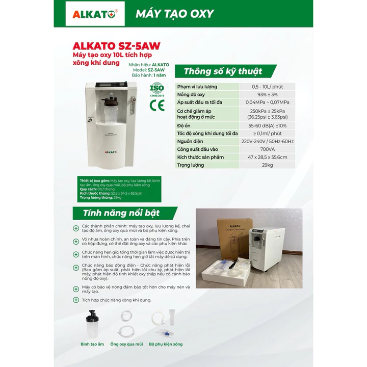 Hàng Chính Hãng - Máy Tạo Oxy ALKATO SZ-5AW 10 Lít - Máy Thở Oxy Y Tế, Hỗ Trợ Hô Hấp
