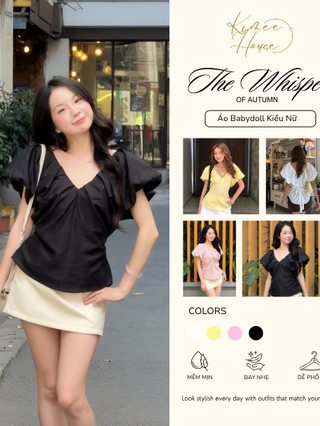Áo Babydoll Kiểu Nữ Tay Phồng Cổ V Phối Vạt Xếp Li Dây Lưng Đi Biển Mùa Hè Kimee