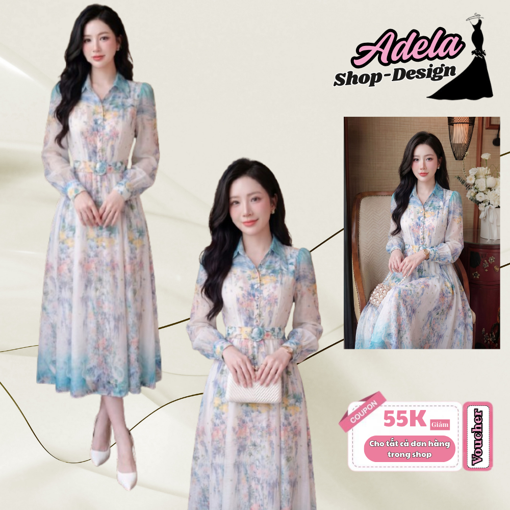 Váy Thiết Kế ADELA DESIGN Chất Tơ Óng Hàn Họa Tiết Hoa Loang Dáng Xòe MDU6505