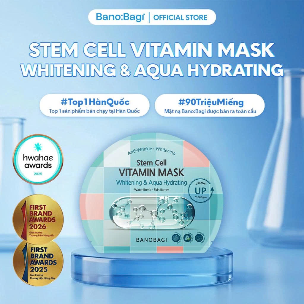 Combo 5 Miếng Mặt Nạ Bano:Bagi Stem Cell Vitamin Whitening & Aqua Hydrating dưỡng trắng và chống oxy hóa 30ml
